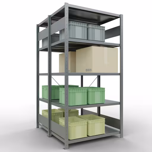 Produktbild Nr.6 des Artikels Grundregal, Doppelregal, Fachbodenregal Stecksystem MULTIplus250, 2000 x 1000 x (2x600) mm (HxBxT), 2x5 Fachböden, Kreuzstrebe, verzinkt aus der Produktreihe Fachbodenregale von der Marke Schulte Lagertechnik
