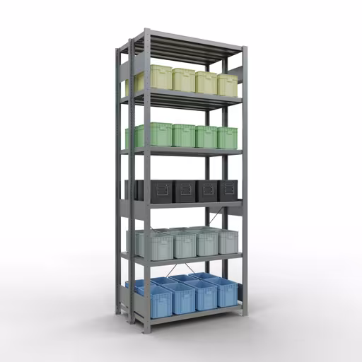 Andere Ansicht des Artikels Grundregal, Doppelregal, Fachbodenregal Stecksystem MULTIplus250, 2500 x 1000 x (2x300) mm (HxBxT), 2x6 Fachböden, Kreuzstrebe, verzinkt Andere Ansicht des Artikels Grundregal, Doppelregal, Fachbodenregal Stecksystem MULTIplus250, 2500 x 1000 x (2x300) mm (HxBxT), 2x6 Fachböden, Kreuzstrebe, verzinkt aus der Kategorie Fachbodenregale