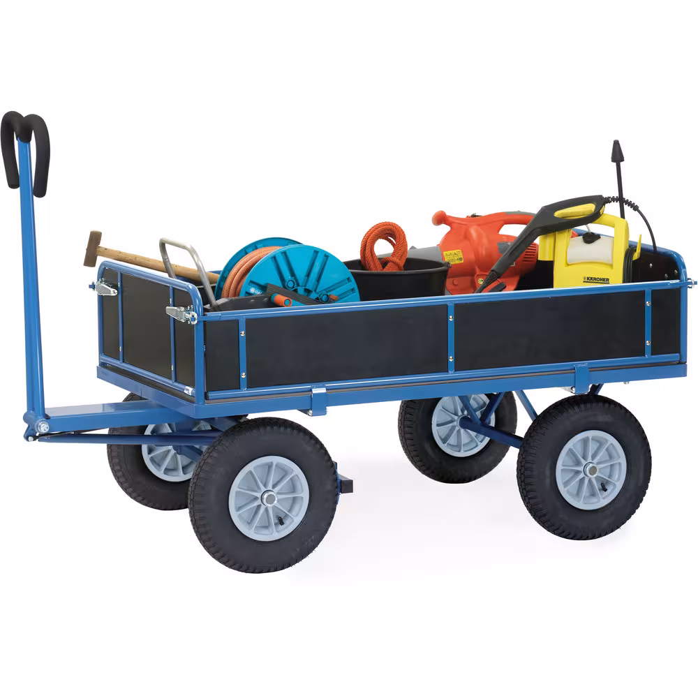 Handpritschenwagen Bordwände pulverbeschichtet blau RAL 5007, 4 Eckhülsen, Drehschemel-Lenkung mit Kugelkranz von der Marke Fetra aus der Kategorie Handwagen/Pritschenwagen