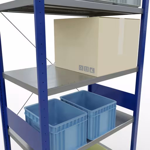 Grundregal, Fachbodenregal Stecksystem MULTIplus250, 3000 x 1000 x 600 mm (HxBxT), 7 Fachböden, Kreuzstrebe, RAL 5010 enzianblau/verzinkt mit der GTIN 4004514283696 Grundregal, Fachbodenregal Stecksystem MULTIplus250, 3000 x 1000 x 600 mm (HxBxT), 7 Fachböden, Kreuzstrebe, RAL 5010 enzianblau/verzinkt von Schulte Lagertechnik mit der Artikelnr. 12962-B