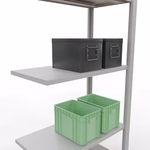 Anbauregal, Fachbodenregal Stecksystem MULTIplus150, 2000 x 750 x 400 mm (HxBxT), 5 Fachböden, Längenriegel, RAL 7035 lichtgrau von Schulte Lagertechnik mit der Artikelnr. 32645-75-LR