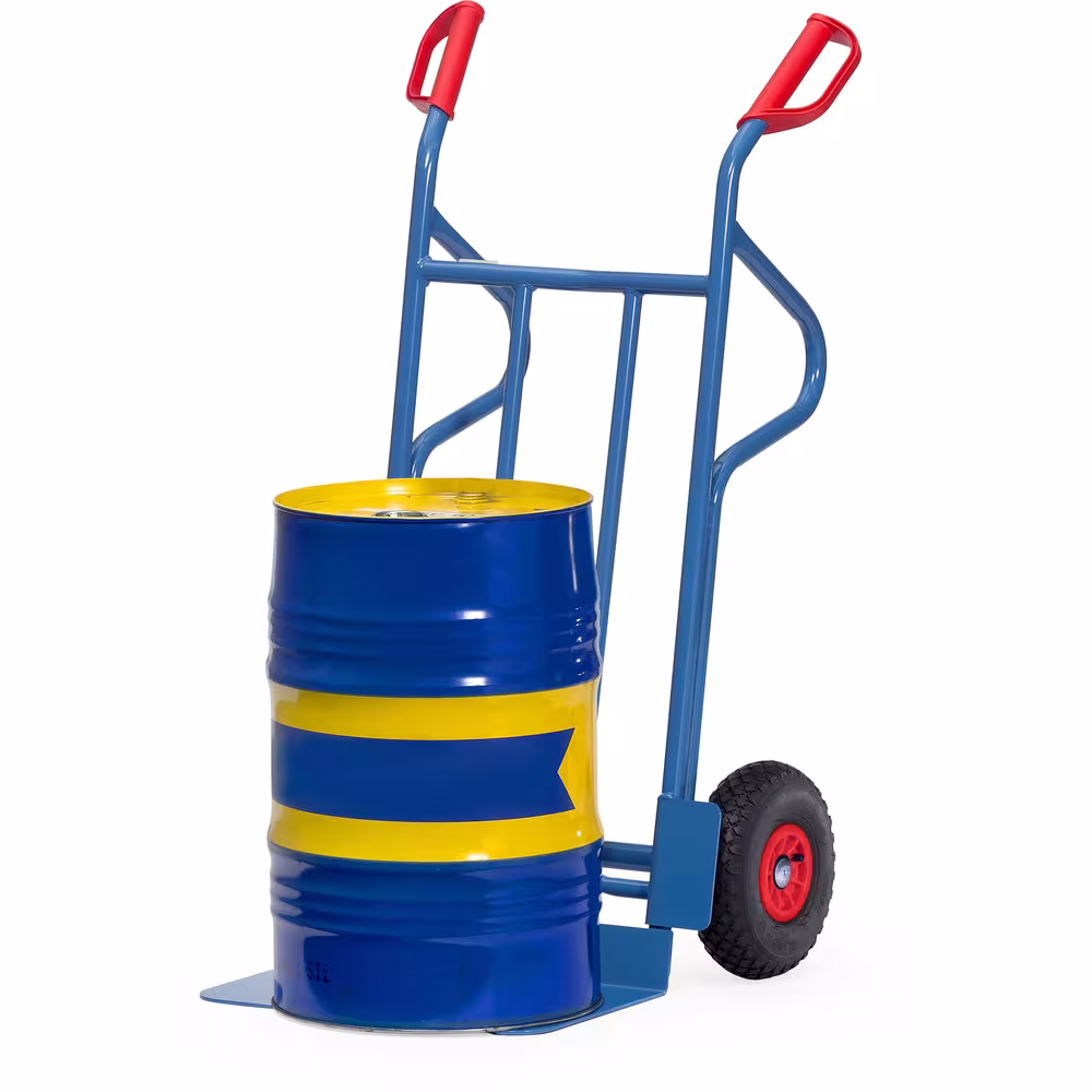Sackkarre 1200 mm stabile Schweißkonstruktion, pulverbeschichtet, blau, RAL 5007, fetra Sicherheitsgriffe Ausführung Bereifung: Luft mit der GTIN 4017976212166 Sackkarre B1216L Bereifung Luft von Fetra mit der Artikelnr. B1216L