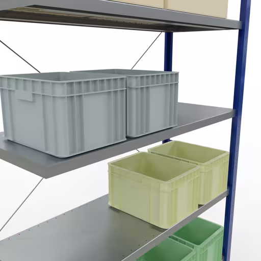 Produktbild Nr 13 des Artikels Anbauregal, Fachbodenregal Stecksystem MULTIplus250, 3000 x 1300 x 500 mm (HxBxT), 7 Fachböden, Kreuzstrebe, RAL 5010 enzianblau/verzinkt Abbildung Nr 13 des Artikels Anbauregal, Fachbodenregal Stecksystem MULTIplus250, 3000 x 1300 x 500 mm (HxBxT), 7 Fachböden, Kreuzstrebe, RAL 5010 enzianblau/verzinkt aus der Produktgruppe Stecksystem von der Marke Schulte Lagertechnik