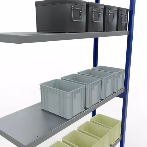 Abbildung Nr 10 des Artikels Anbauregal, Fachbodenregal Stecksystem MULTIplus250, 3000 x 1300 x 400 mm (HxBxT), 7 Fachböden, Längenriegel, RAL 5010 enzianblau/verzinkt aus der Produktgruppe Stecksystem von der Marke Schulte Lagertechnik