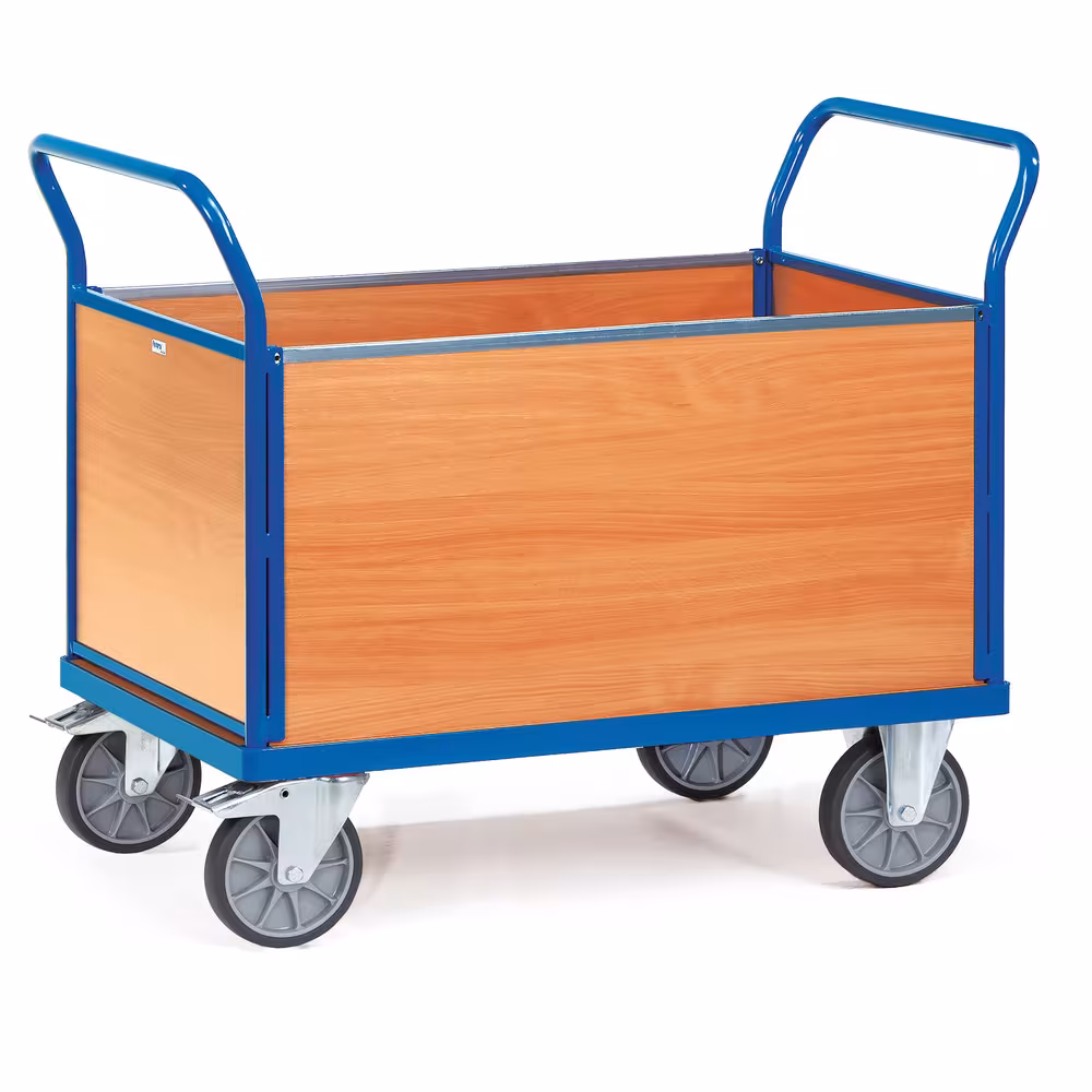 Vierwandwagen Holz Stahlrohr und Profilstahl geschweißt, pulverbeschichtet RAL 5007, Plattform Holzwerkstoffplatte aus der Kategorie Wagen