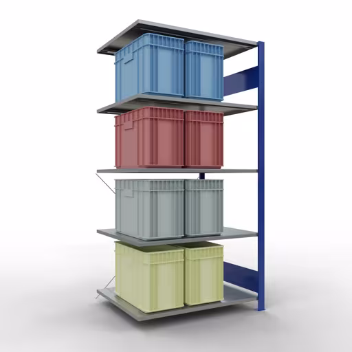 Produktbild Nr.12 des Artikels Anbauregal, Fachbodenregal Stecksystem MULTIplus150, 2000 x 1000 x 800 mm (HxBxT), 5 Fachböden, Kreuzstrebe, RAL 5010/verzinkt aus der Produktreihe Stecksystem von der Marke Schulte Lagertechnik