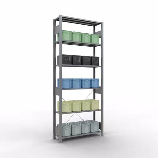 Produktbild Nr 15 des Artikels Grundregal, Fachbodenregal Stecksystem MULTIplus85, 2500 x 1000 x 300 mm (HxBxT), 6 Fachböden, Kreuzstrebe, verzinkt Abbildung Nr 15 des Artikels Grundregal, Fachbodenregal Stecksystem MULTIplus85, 2500 x 1000 x 300 mm (HxBxT), 6 Fachböden, Kreuzstrebe, verzinkt aus der Produktgruppe Stecksystem von der Marke Schulte Lagertechnik