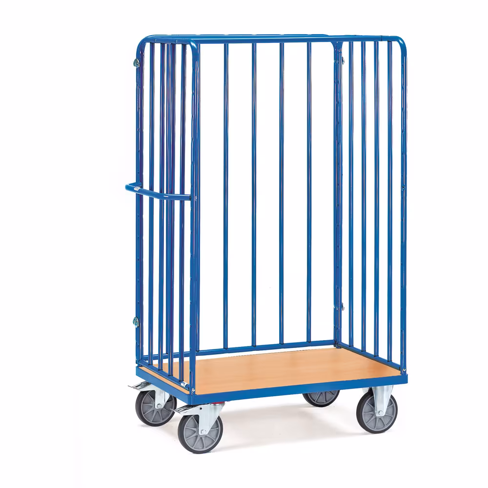 Paketwagen 8381-1 Breite 600 mm, Länge 1000 mm von der Marke Fetra Paketwagen Rohrstreben hoch pulverbeschichtet blau RAL 5007, Schraubkonstruktion, Stirnwände mit vertikalen Rohrstreben im Abstand von ca. 130 mm Typ Ladeflächenbreite: 600 mm aus der Kategorie Etagenwagen mit der Artikelnr. 8381-1
