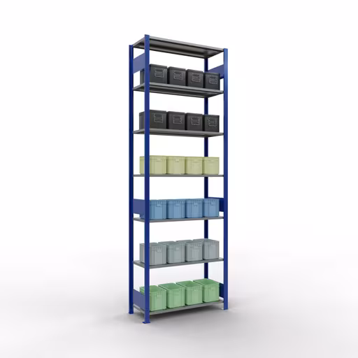 Produktbild Nr 13 des Artikels Grundregal, Fachbodenregal Stecksystem MULTIplus85, 3000 x 1000 x 400 mm (HxBxT), 7 Fachböden, Längenriegel, RAL 5010 enzianblau Abbildung Nr 13 des Artikels Grundregal, Fachbodenregal Stecksystem MULTIplus85, 3000 x 1000 x 400 mm (HxBxT), 7 Fachböden, Längenriegel, RAL 5010 enzianblau aus der Produktgruppe Stecksystem von der Marke Schulte Lagertechnik