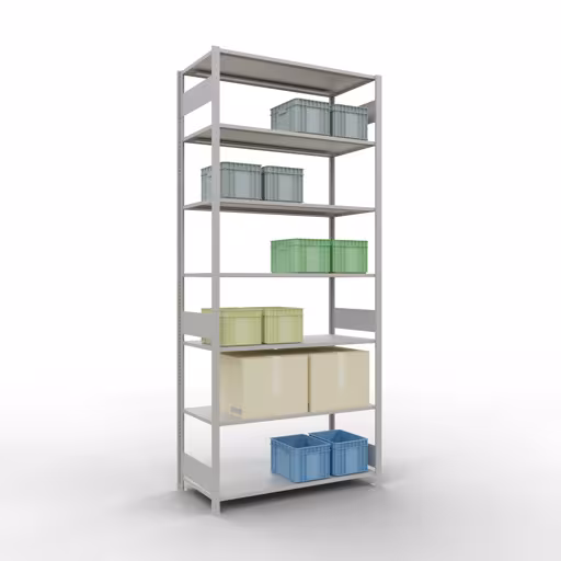 Andere Ansicht des Artikels Grundregal, Fachbodenregal Stecksystem MULTIplus150, 3000 x 1300 x 600 mm (HxBxT), 7 Fachböden, Längenriegel, RAL 7035 lichtgrau aus der Kategorie Grundregal
