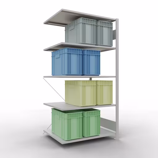 Anbauregal, Fachbodenregal Stecksystem MULTIplus150, 2000 x 1000 x 800 mm (HxBxT), 5 Fachböden, Kreuzstrebe, RAL 7035 lichtgrau von Schulte Lagertechnik mit der Artikelnr. 32685