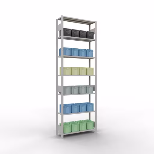 Grundregal, Fachbodenregal Stecksystem MULTIplus150, 3000 x 1000 x 300 mm (HxBxT), 7 Fachböden, Längenriegel, RAL 7035 lichtgrau mit der GTIN 4004514292612 Grundregal, Fachbodenregal Stecksystem MULTIplus150, 3000 x 1000 x 300 mm (HxBxT), 7 Fachböden, Längenriegel, RAL 7035 lichtgrau von Schulte Lagertechnik mit der Artikelnr. 32632-LR