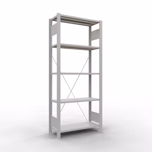 Grundregal, Büro-Fachbodenregal Stecksystem MULTIplus85, 1800 x 750 x 300 mm (HxBxT), 5 Fachböden, Kreuzstrebe, ohne Anschlagleiste, lichtgrau aus der Kategorie Stecksystem mit der Artikelnummer 36018
