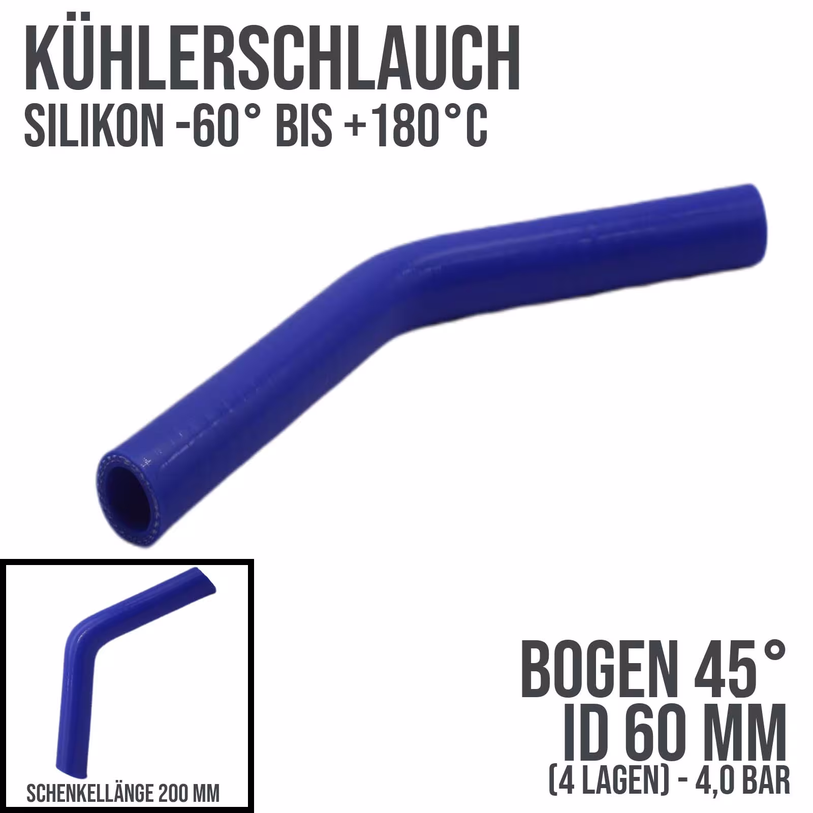 60 x 70 mm Kühlerschlauch Silikon Bogen 45° LLK Ladeluft Kühlmittel Schlauch blau (4,0 bar) - 200 mm aus der Kategorie Kühlwasserschläuche mit der Artikelnummer KSB060-045-200GA