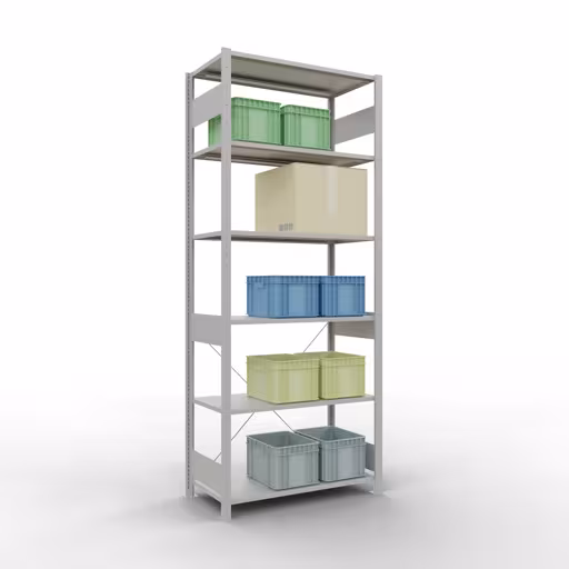 Produktbild Nr 16 des Artikels Grundregal, Fachbodenregal Stecksystem MULTIplus85, 2500 x 1000 x 500 mm (HxBxT), 6 Fachböden, Kreuzstrebe, RAL 7035 lichtgrau Abbildung Nr 16 des Artikels Grundregal, Fachbodenregal Stecksystem MULTIplus85, 2500 x 1000 x 500 mm (HxBxT), 6 Fachböden, Kreuzstrebe, RAL 7035 lichtgrau aus der Produktgruppe Stecksystem von der Marke Schulte Lagertechnik