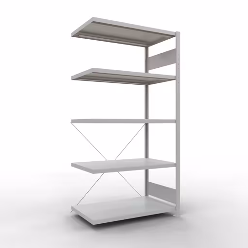 Anbauregal, Fachbodenregal Stecksystem MULTIplus330, 2000 x 1000 x 600 mm (HxBxT), 5 Fachböden, Kreuzstrebe, RAL 7035 lichtgrau von der Marke Schulte Lagertechnik aus der Produktreihe Stecksystem