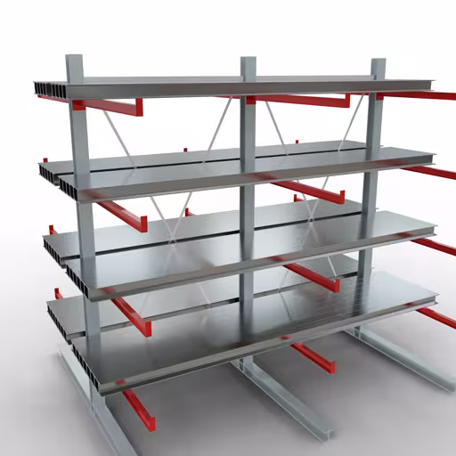 K 6000 Komplettregal, doppelseitig, 3000 x 3000 x 2x 1250 mm, RAL 7001 / RAL 3000, 5 Lagerebenen aus der Kategorie K6000 für schwere Güter mit der GTIN 4058255011292 K 6000 Komplettregal, doppelseitig, 3000 x 3000 x 2x 1250 mm, RAL 7001 / RAL 3000, 5 Lagerebenen von der Marke Schulte Lagertechnik aus der Produktreihe Kragarmregale