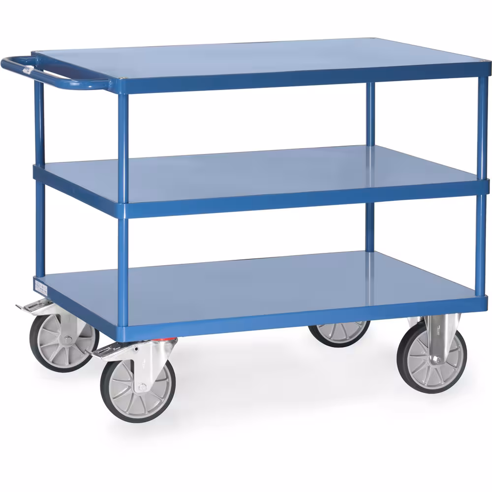 Tischwagen 2420B - Stahlblech-Plattformen bündig Breite 500 mm, Länge 850 mm von der Marke Fetra Tischwagen 3 Etagen - Stahlblech-Plattformen bündig pulverbeschichtet RAL 5007, 3 Plattformen aus Stahlblech, bündig im Rahmen, sauber eingeschweißt Typ Ladeflächenbreite: 500 mm aus der Kategorie Tischwagen mit der Artikelnr. 2420B