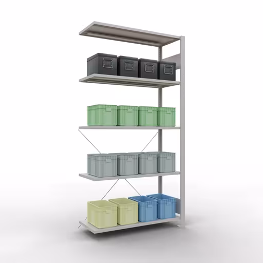 Abbildung Nr 9 des Artikels Anbauregal, Fachbodenregal Stecksystem MULTIplus150, 2000 x 1000 x 400 mm (HxBxT), 5 Fachböden, Kreuzstrebe, RAL 7035 lichtgrau aus der Produktgruppe Stecksystem von der Marke Schulte Lagertechnik
