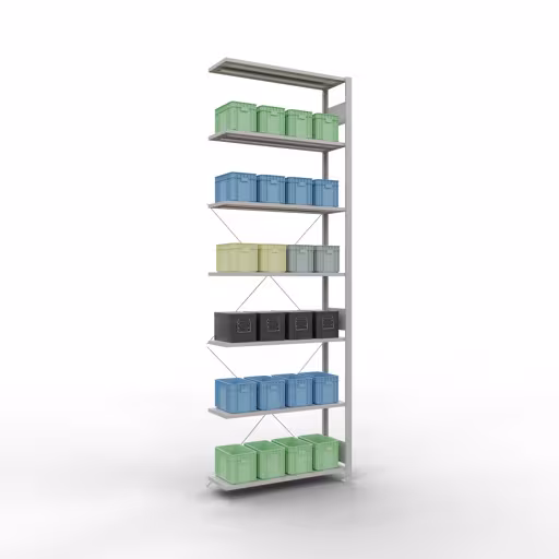 Abbildung Nr 10 des Artikels Anbauregal, Fachbodenregal Stecksystem MULTIplus150, 3000 x 1000 x 300 mm (HxBxT), 7 Fachböden, Kreuzstrebe, RAL 7035 lichtgrau aus der Produktgruppe Stecksystem von der Marke Schulte Lagertechnik