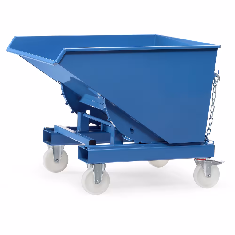 Selbstkipper Robuste Schweißkonstruktion aus 3-mm-Stahlblech, Lackierung blau RAL 5007, serienmäßig mit Staplertaschen Ausführung Inhalt: 350 Liter mit der GTIN 4017976060309 Selbstkipper 6030 Inhalt 350 Liter von Fetra mit der Artikelnr. 6030