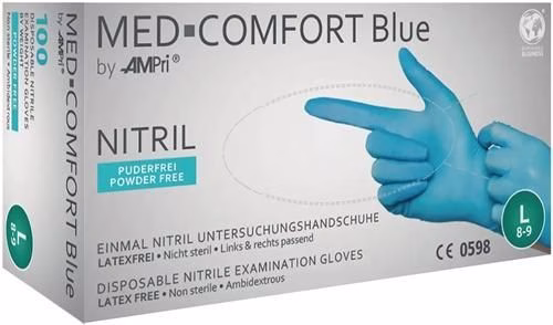 Gants jetables Med Comfort bleus, taille M, en nitrile bleu, EPI III, boîte de 100 pièces, marque AMPRI Gants jetables Med Comfort en nitrile bleu, EPI catégorie III, conformes aux normes EN 21420, EN 374 et EN 455, boîte de 100 pièces, marque AMPRI (référence 4000371515).