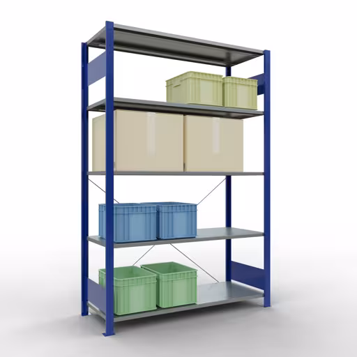 Grundregal, Fachbodenregal Stecksystem MULTIplus150, 2000 x 1300 x 500 mm (HxBxT), 5 Fachböden, Kreuzstrebe, RAL 5010 enzianblau/verzinkt von der Marke Schulte Lagertechnik aus der Produktreihe Stecksystem