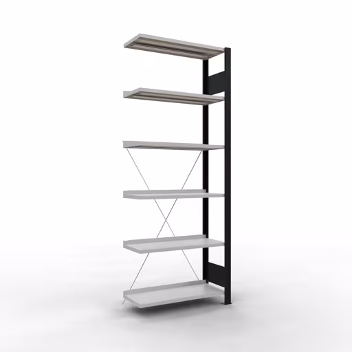 Anbauregal, Büro-Fachbodenregal Stecksystem MULTIplus85, 2000 x 750 x 300 mm (HxBxT), 6 Fachböden, Kreuzstrebe, mit Anschlagleiste, schwarz/lichtgrau von der Marke Schulte Lagertechnik Anbauregal, Büro-Fachbodenregal Stecksystem MULTIplus85, 2000 x 750 x 300 mm (HxBxT), 6 Fachböden, Kreuzstrebe, mit Anschlagleiste, schwarz/lichtgrau aus der Kategorie Stecksystem mit der Artikelnummer 36009-S