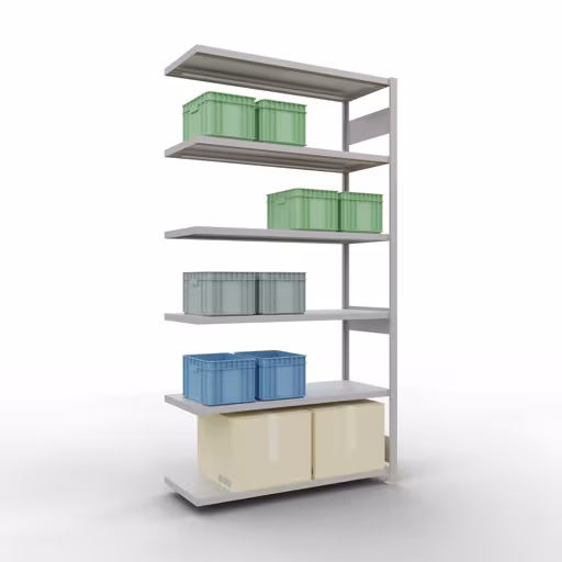 Produktbild Nr 12 des Artikels Anbauregal, Fachbodenregal Stecksystem MULTIplus250, 2500 x 1300 x 500 mm (HxBxT), 6 Fachböden, Längenriegel, RAL 7035 lichtgrau Abbildung Nr 12 des Artikels Anbauregal, Fachbodenregal Stecksystem MULTIplus250, 2500 x 1300 x 500 mm (HxBxT), 6 Fachböden, Längenriegel, RAL 7035 lichtgrau aus der Produktgruppe Stecksystem von der Marke Schulte Lagertechnik