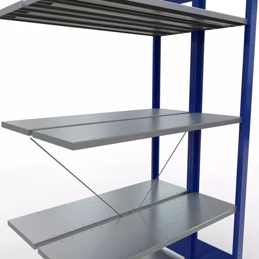 Produktbild Nr.7 des Artikels Anbauregal, Doppelregal, Fachbodenregal Stecksystem MULTIplus150, 2000 x 1000 x (2x300) mm (HxBxT), 2x5 Fachböden, Kreuzstrebe, RAL 5010 enzianblau aus der Produktreihe Fachbodenregale von der Marke Schulte Lagertechnik