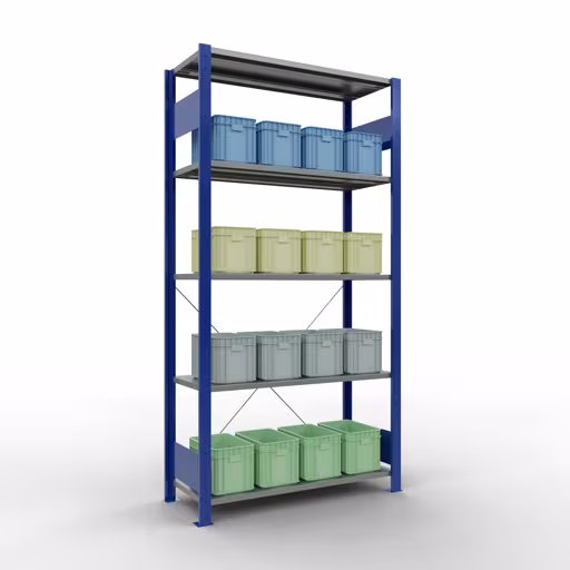 Produktbild Nr 16 des Artikels Grundregal, Fachbodenregal Stecksystem MULTIplus85, 2000 x 1000 x 400 mm (HxBxT), 5 Fachböden, Kreuzstrebe, RAL 5010 enzianblau Abbildung Nr 16 des Artikels Grundregal, Fachbodenregal Stecksystem MULTIplus85, 2000 x 1000 x 400 mm (HxBxT), 5 Fachböden, Kreuzstrebe, RAL 5010 enzianblau aus der Produktgruppe Stecksystem von der Marke Schulte Lagertechnik