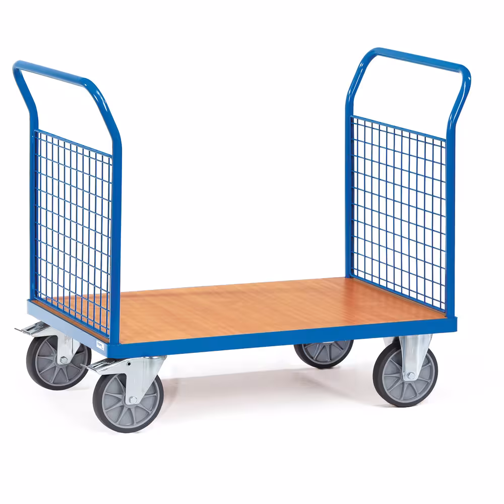 Doppel-Stirnwandwagen 1520 Breite 500 mm, Länge 850 mm von der Marke Fetra Doppel-Stirnwandwagen Drahtgitter pulverbeschichtet RAL 5007, Plattform Holzwerkstoffplatte, Oberfläche Buchendekor Typ Ladeflächenlänge: 850 mm aus der Kategorie Wagen mit der Artikelnr. 1520