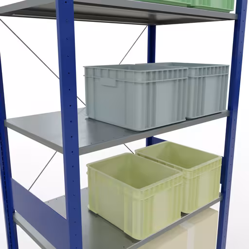 Zusatzbild des Artikels Grundregal, Fachbodenregal Stecksystem MULTIplus150, 3000 x 1000 x 600 mm (HxBxT), 7 Fachböden, Kreuzstrebe, RAL 5010/verzinkt Zusatzbild des Artikels Grundregal, Fachbodenregal Stecksystem MULTIplus150, 3000 x 1000 x 600 mm (HxBxT), 7 Fachböden, Kreuzstrebe, RAL 5010/verzinkt aus Grundregal