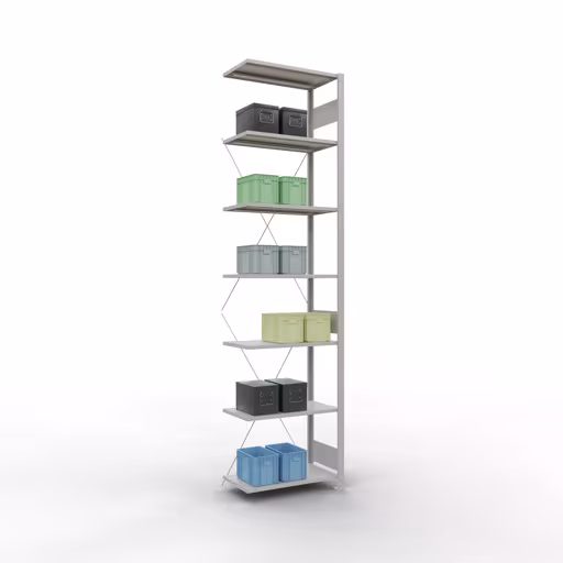 Produktbild Nr.15 des Artikels Anbauregal, Fachbodenregal Stecksystem MULTIplus150, 3000 x 750 x 400 mm (HxBxT), 7 Fachböden, Kreuzstrebe, RAL 7035 lichtgrau aus der Produktreihe Stecksystem von der Marke Schulte Lagertechnik