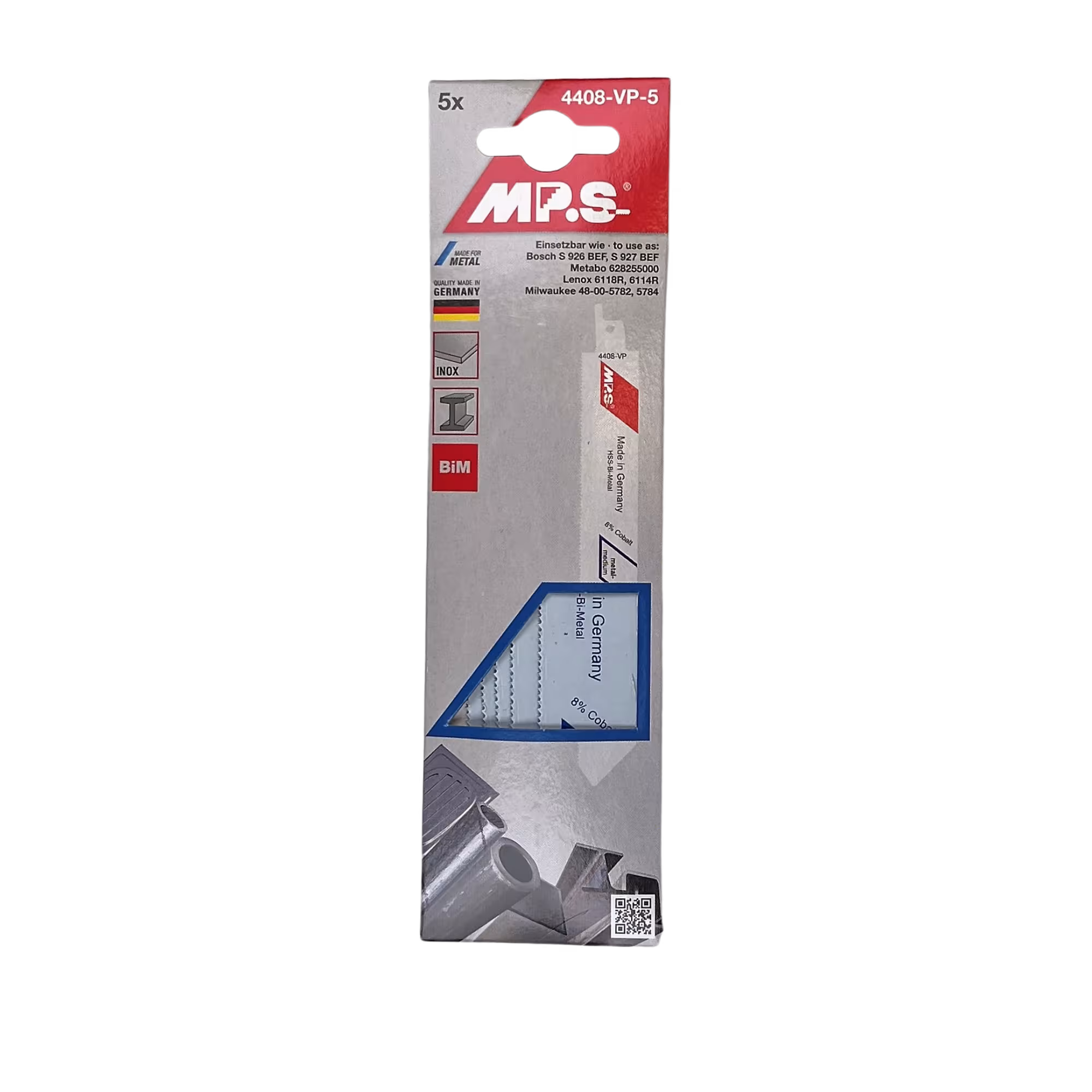 Lame de scie alternative bimétallique MPS fraisée et réglée pour le traitement du bois et des matériaux métalliques Longueur totale : 150 mm avec GTIN 4028655344085. Lame de scie sabre bimétallique fraisée et réglée longueur totale 150/longueur dentée 130 mm, pas de dent 1,4-1,8 mm de MPS avec numéro d'article. 4408-VP-5