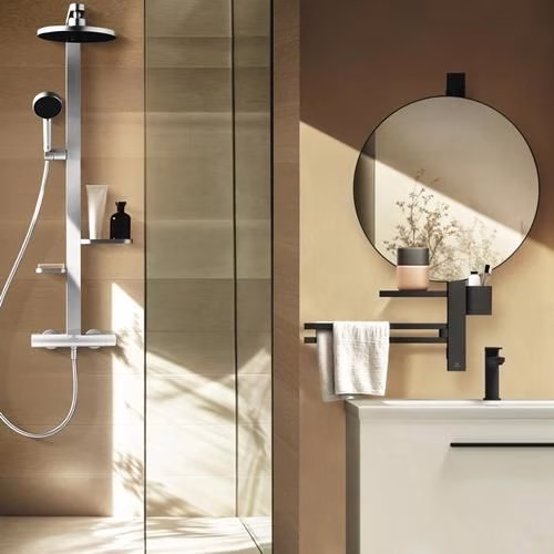 Ideal Standard Duschsystem CerathermAlu+ mit Brausethermostat, 2 Ablagen, 2-funktioniger Handbrause und 2-funktioniger Kopfbrause Silver