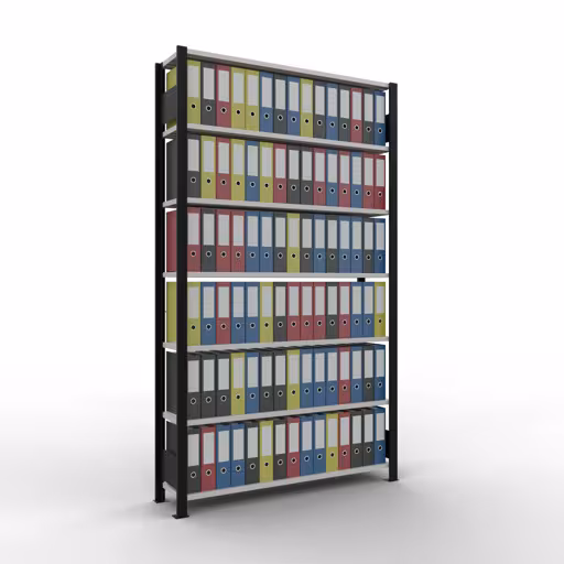 Produktbild Nr 11 des Artikels Grundregal, Büro-Fachbodenregal Stecksystem MULTIplus85, 2300 x 1300 x 300 mm (HxBxT), 7 Fachböden, Kreuzstrebe, ohne Anschlagleiste, schwarz/lichtgrau Abbildung Nr 11 des Artikels Grundregal, Büro-Fachbodenregal Stecksystem MULTIplus85, 2300 x 1300 x 300 mm (HxBxT), 7 Fachböden, Kreuzstrebe, ohne Anschlagleiste, schwarz/lichtgrau aus der Produktgruppe Büroregale von der Marke Schulte Lagertechnik