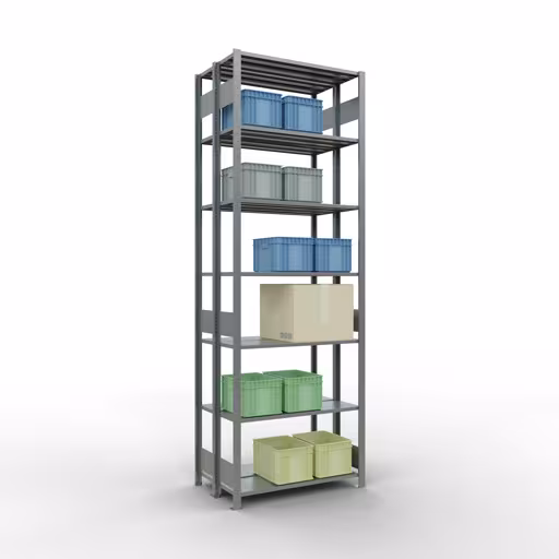 Grundregal, Doppelregal, Fachbodenregal Stecksystem MULTIplus150, 3000 x 1000 x (2x300) mm (HxBxT), 2x7 Fachböden, Längenriegel, verzinkt von Schulte Lagertechnik mit der Artikelnr. 17832