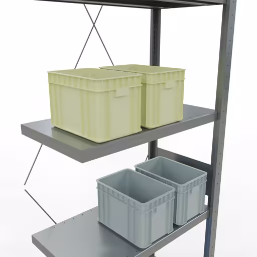 Produktbild Nr 13 des Artikels Anbauregal, Fachbodenregal Stecksystem MULTIplus250, 3000 x 750 x 400 mm (HxBxT), 7 Fachböden, Kreuzstrebe, verzinkt Abbildung Nr 13 des Artikels Anbauregal, Fachbodenregal Stecksystem MULTIplus250, 3000 x 750 x 400 mm (HxBxT), 7 Fachböden, Kreuzstrebe, verzinkt aus der Produktgruppe Stecksystem von der Marke Schulte Lagertechnik