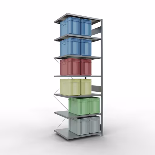 Andere Ansicht des Artikels Anbauregal, Fachbodenregal Stecksystem MULTIplus250, 3000 x 1000 x 800 mm (HxBxT), 7 Fachböden, Kreuzstrebe, verzinkt Andere Ansicht des Artikels Anbauregal, Fachbodenregal Stecksystem MULTIplus250, 3000 x 1000 x 800 mm (HxBxT), 7 Fachböden, Kreuzstrebe, verzinkt aus der Kategorie Stecksystem