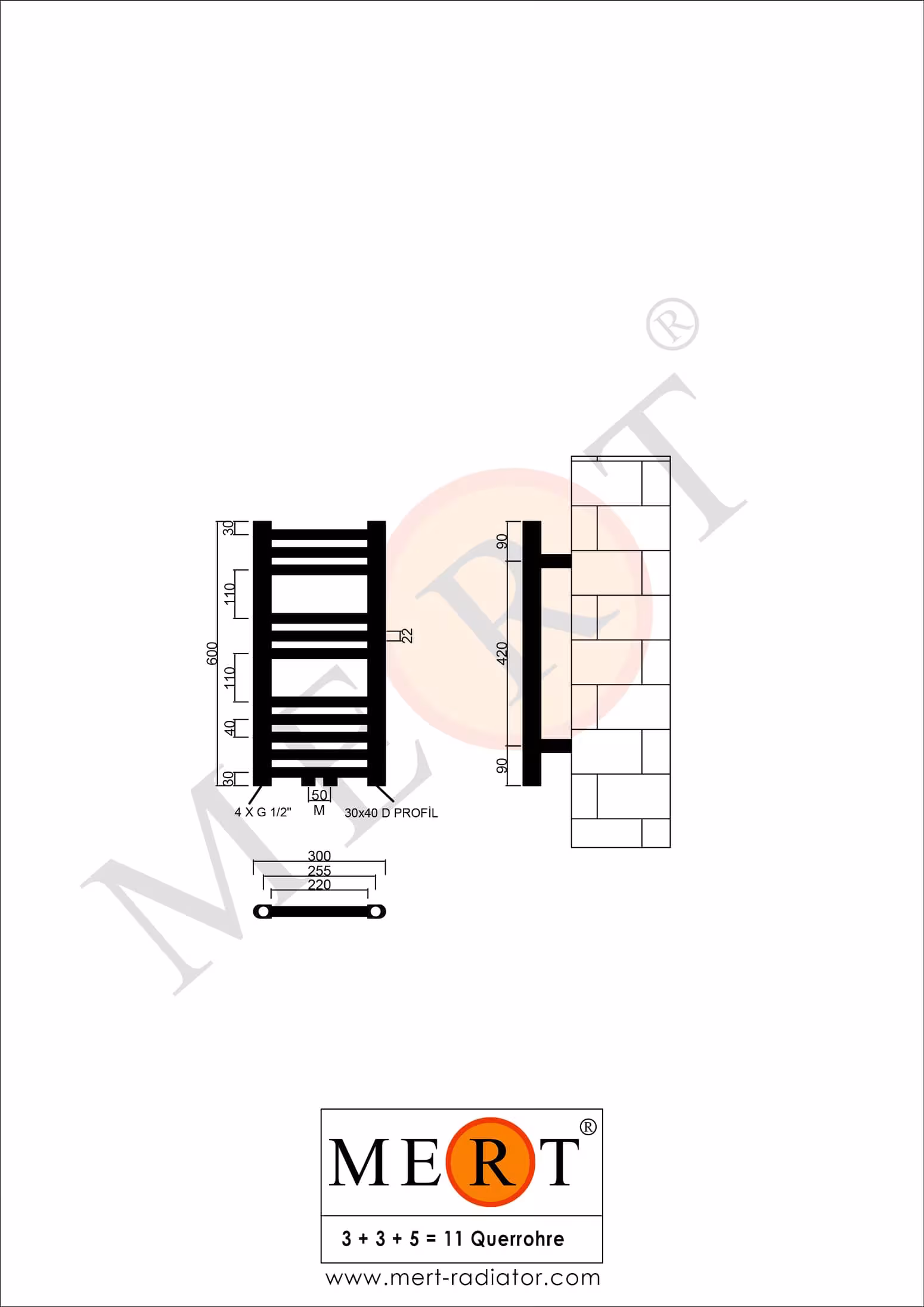 Produktgruppe MERT Badheizkörper weiß gerade, Mittelanschluss MERT Badheizkörper weiß gerade, 300*600 mm, Mittelanschluss von der Marke MERT aus der Kategorie Heizkörper