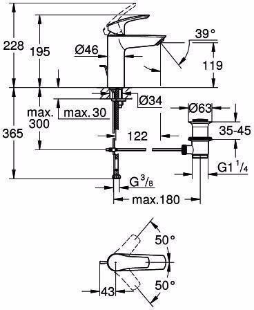 Technische Zeichnung 4025693 GROHE Einhebel-Waschtischbatterie Eurosmart 23322_3 M-Size mit Zugstangen-Ablaufgarnitur chrom