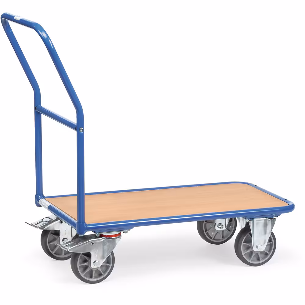 Magazinwagen 400 kg brillantblau RAL 5007, Plattform Holzwerkstoffplatte, Oberfläche Buchendekor aus der Kategorie Magazinwagen