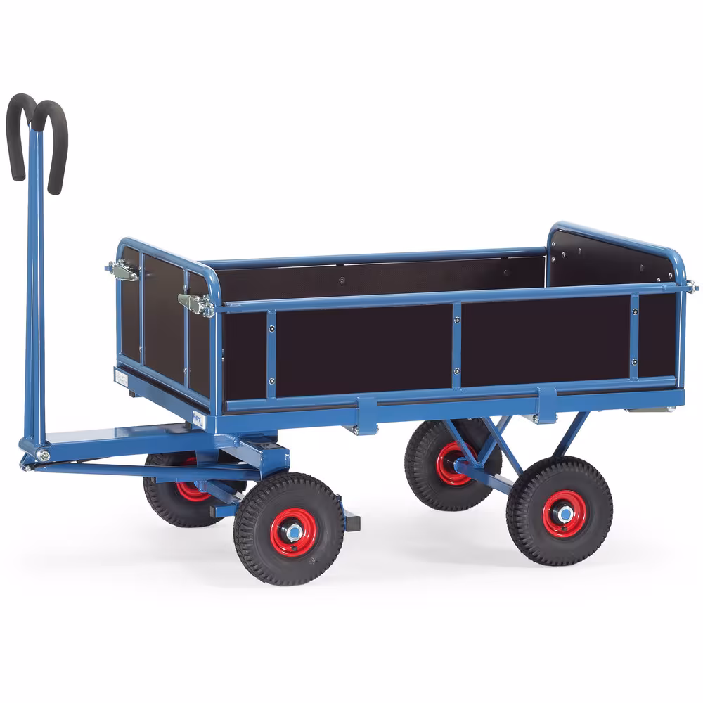 Handpritschenwagen Bordwände pulverbeschichtet blau RAL 5007, 4 Eckhülsen, Drehschemel-Lenkung mit Kugelkranz aus der Kategorie Handwagen/Pritschenwagen