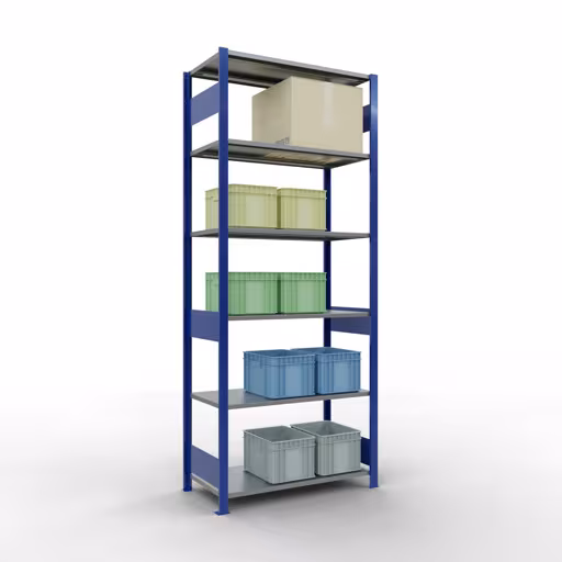Andere Ansicht des Artikels Grundregal, Fachbodenregal Stecksystem MULTIplus150, 2500 x 1000 x 500 mm (HxBxT), 6 Fachböden, Längenriegel, RAL 5010 enzianblau/verzinkt aus der Kategorie Grundregal