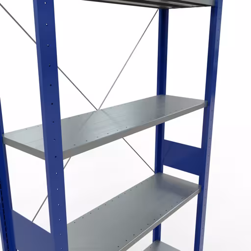 Abbildung Nr 9 des Artikels Grundregal, Fachbodenregal Stecksystem MULTIplus85, 3000 x 1000 x 300 mm (HxBxT), 7 Fachböden, Kreuzstrebe, RAL 5010 enzianblau aus der Produktgruppe Stecksystem von der Marke Schulte Lagertechnik