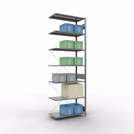 Produktbild Nr 14 des Artikels Anbauregal, Fachbodenregal Stecksystem MULTIplus150, 3000 x 1000 x 500 mm (HxBxT), 7 Fachböden, Kreuzstrebe, verzinkt Abbildung Nr 14 des Artikels Anbauregal, Fachbodenregal Stecksystem MULTIplus150, 3000 x 1000 x 500 mm (HxBxT), 7 Fachböden, Kreuzstrebe, verzinkt aus der Produktgruppe Stecksystem von der Marke Schulte Lagertechnik