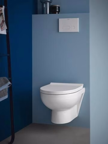Detailbild 4051964 Abattant de toilette blanc Duravit n° 1 avec mécanisme de fermeture amortie et charnières en acier inoxydable.