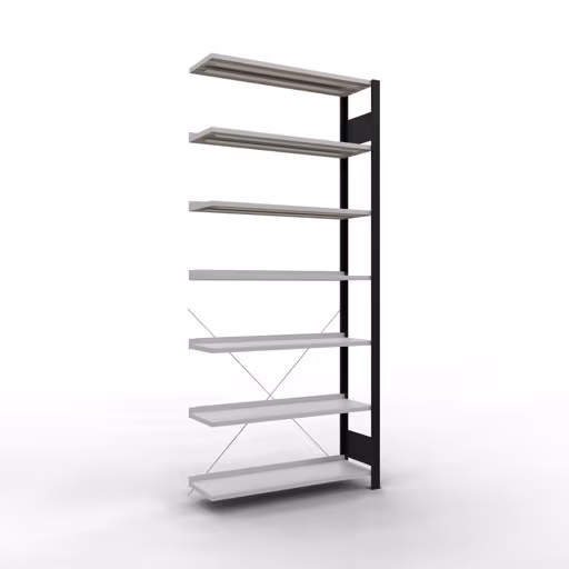 Anbauregal, Büro-Fachbodenregal Stecksystem MULTIplus85, 2300 x 1000 x 300 mm (HxBxT), 7 Fachböden, Kreuzstrebe, mit Anschlagleiste, schwarz/lichtgrau von der Marke Schulte Lagertechnik Anbauregal, Büro-Fachbodenregal Stecksystem MULTIplus85, 2300 x 1000 x 300 mm (HxBxT), 7 Fachböden, Kreuzstrebe, mit Anschlagleiste, schwarz/lichtgrau aus der Kategorie Stecksystem mit der Artikelnummer 36016-S