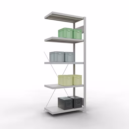 Produktbild Nr 12 des Artikels Anbauregal, Fachbodenregal Stecksystem MULTIplus250, 2000 x 750 x 400 mm (HxBxT), 5 Fachböden, Kreuzstrebe, RAL 7035 lichtgrau Abbildung Nr 12 des Artikels Anbauregal, Fachbodenregal Stecksystem MULTIplus250, 2000 x 750 x 400 mm (HxBxT), 5 Fachböden, Kreuzstrebe, RAL 7035 lichtgrau aus der Produktgruppe Stecksystem von der Marke Schulte Lagertechnik